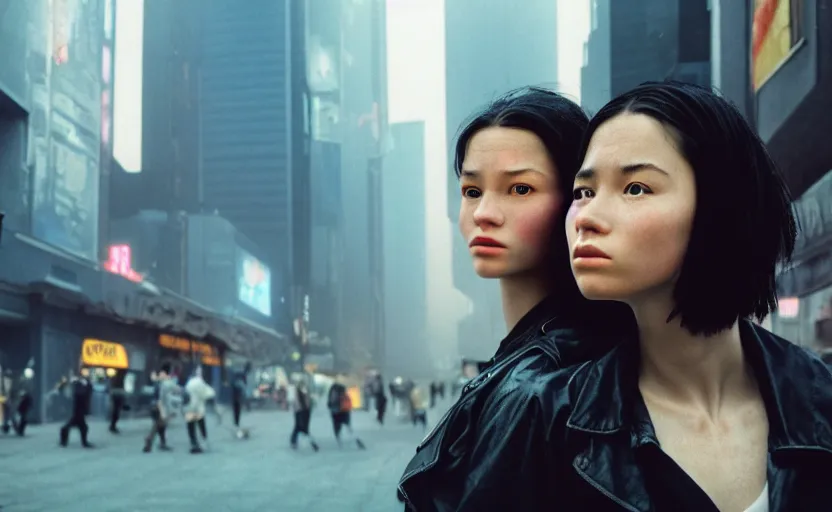 Prompt: cinestill 5 0 d photographic portrait by helen levitt of two loving female androids wearing black techwear in a brilliant cyberpunk city, extreme closeup, modern cyberpunk, dust storm, 8 k, hd, high resolution, 3 5 mm, f / 3 2, ultra realistic faces, intricate detail, ex machina