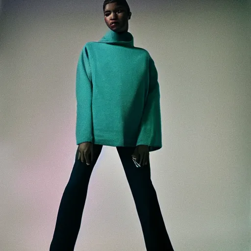 Image similar to realistic photoshooting for a new balenciaga lookbook, color film photography, portrait of a beautiful woman, in style of Tyler Mitchell, 35mm,