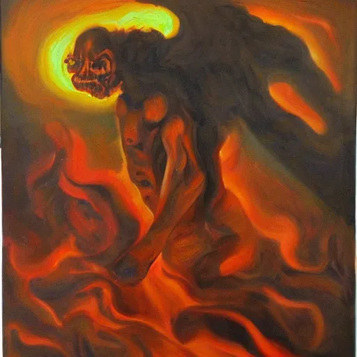 Prompt: Man arising from hell. Oil painting.