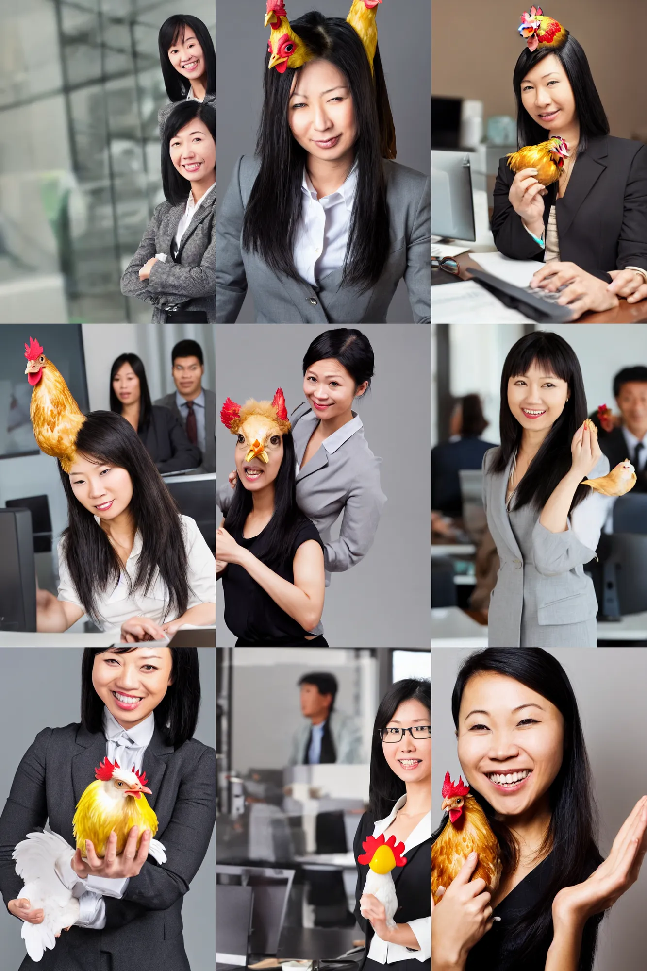 Prompt: a asian female manager with a chicken head