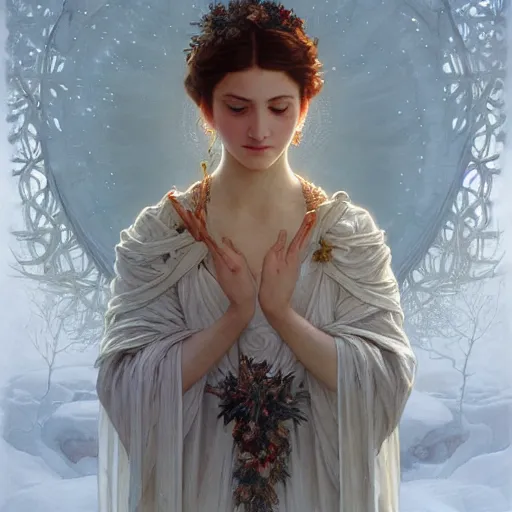 Image similar to portrait of winter goddess, intricate, elegant, highly detailed, digital painting, artstation, concept art, smooth, sharp focus, illustration, art by artgerm and greg rutkowski and alphonse mucha and william - adolphe bouguereau