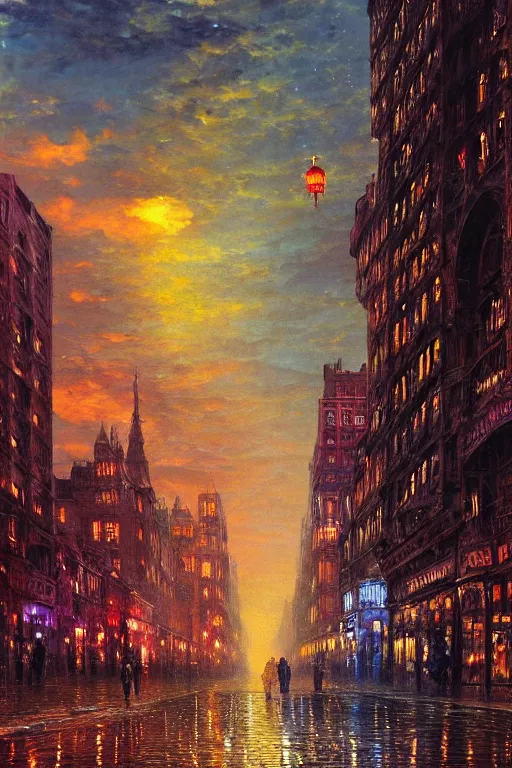 Image similar to the crowned king in disguise, looking down on the crowded streets of the city of blood and prisms, night skies, dramatic light, hyperrealistic, colorful skies, digital art, vray, john atkinson grimshaw, leonid afremov, wayne barlowe