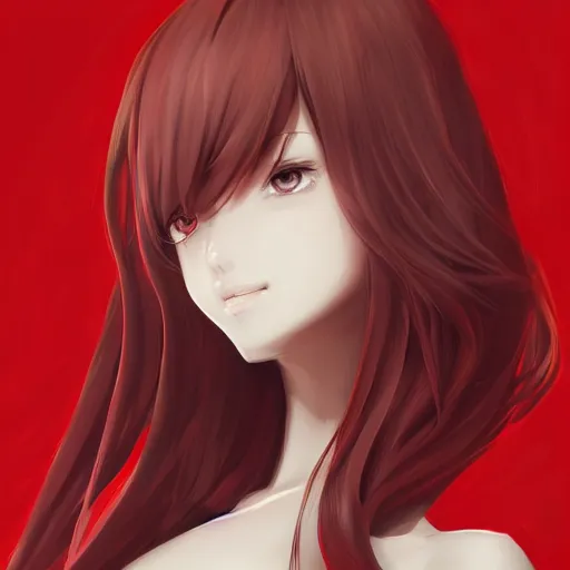 Image similar to kurisu makise, elegant, ultra highly detailed, digital painting, smooth, sharp focus, artstation, top-down shot, red background, art by Ina Wong