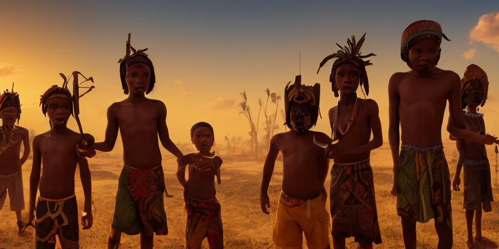 Image similar to a film still for African favela, four kids wearing African war paint tribal masks stand ready for battle, medium shot, waist up, studio Ghibli, Pixar and Disney animation, sharp, Rendered in Unreal Engine 5, anime key art by Greg Rutkowski, Bloom, heavy dramatic sunset lighting