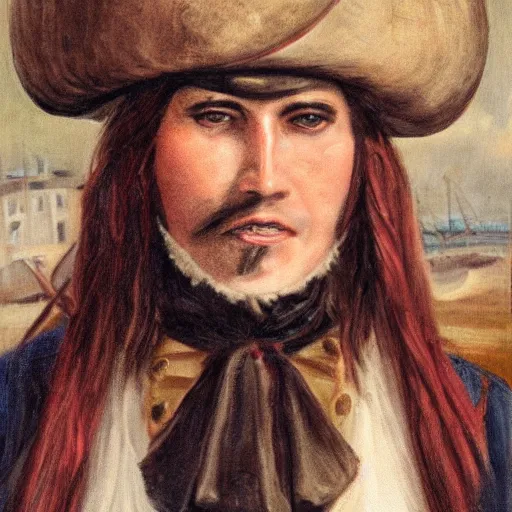 Image similar to Portrait of a young pirate, growling into the camera. Dark hair under pirate hat. Detailed face.