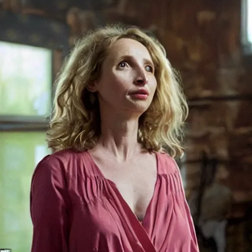 Prompt: Julie Delpy, and the strong light, dense foilage, eventually come to the latest photorealistic lasts less than similar to those Wangechi Mutu Unreal book with the in