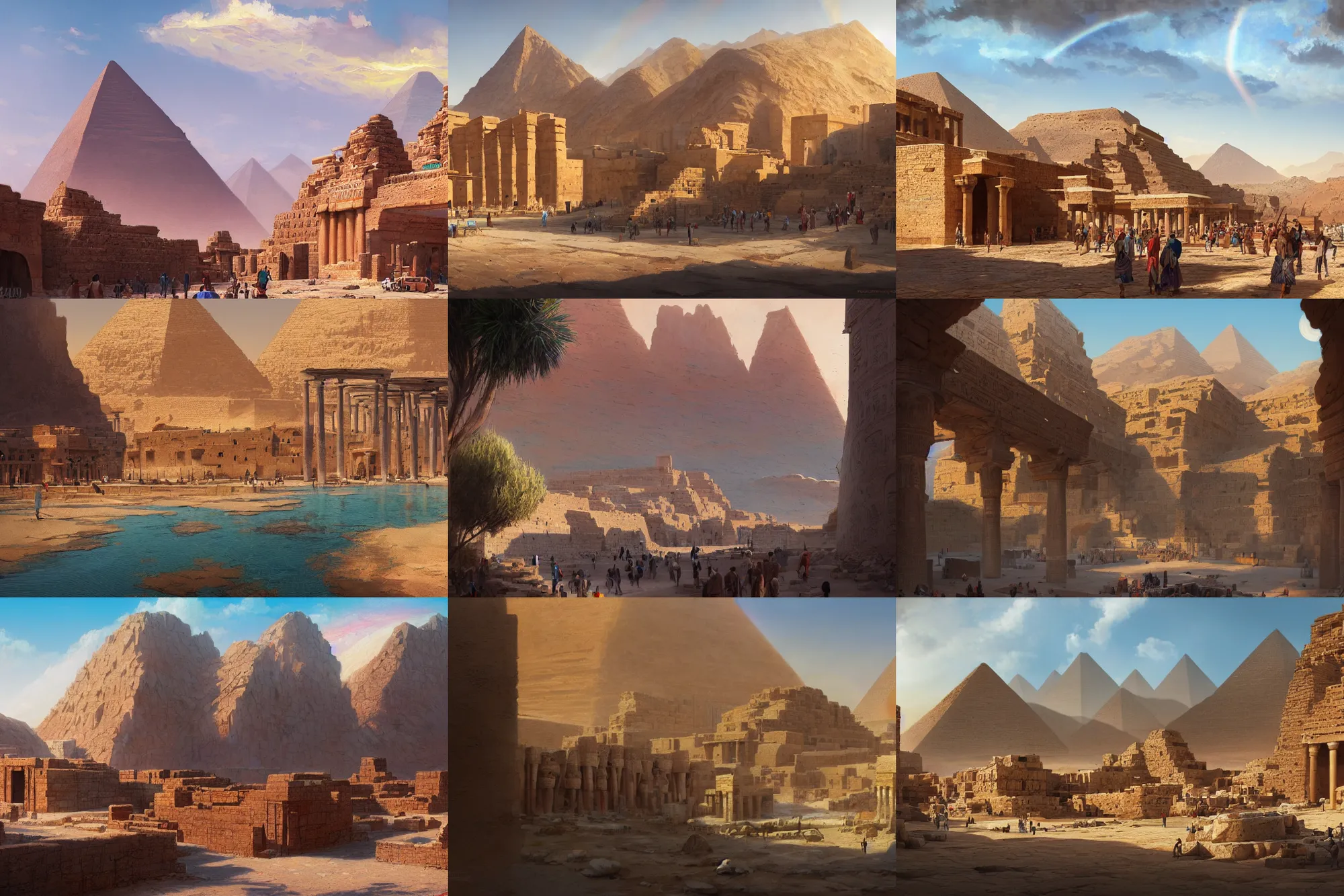 Prompt: ancient egypt city, marketplace, desrt, red grass, moutains, rocks, blue sky,rainbow color, illustration, concept art, fantasy, by greg rutkowski, Trending on artstation, deviantart