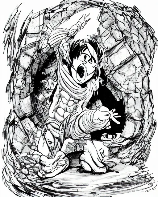 Prompt: An old pepe trapped in a cave, looking into a mirror, b&w, fantasy art, in the style of masami kurumada, illustration, epic, fantasy, intricate, hyper detailed, artstation, concept art, smooth, sharp focus, ray tracing