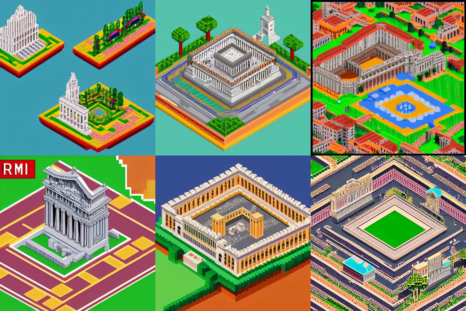 Prompt: isometric pixel art of Rome, 3d rendering