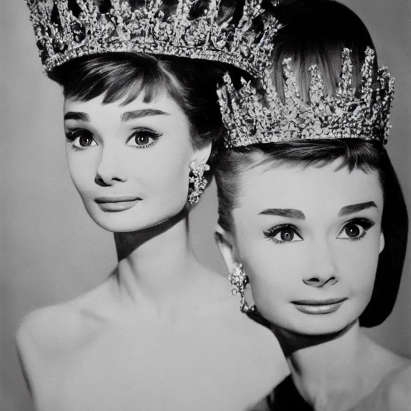 Image similar to portrait of audrey hepburn as a crowned queen, ultra realistic, canon 3 5 mm photography