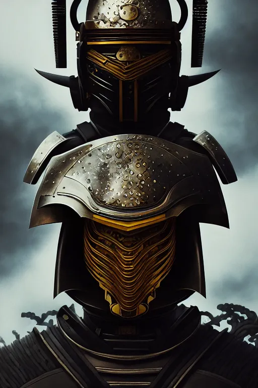 Image similar to a portrait of sci fi samurai warrior wear black japanese armored with samurai mask by karol bak, james jean, tom bagshaw, rococo, sharp focus, trending on artstation, cinematic lighting, hyper realism, octane render, 8 k, hyper detailed, vivid, ultra detailed, highly detailed