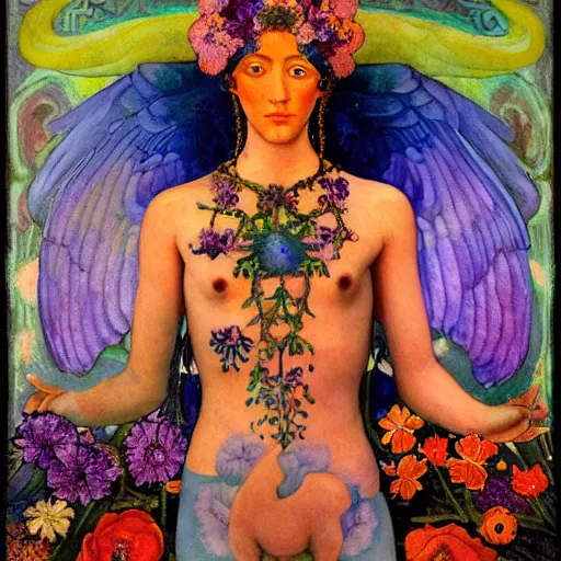 Prompt: the flower god, by Annie Swynnerton and Nicholas Roerich and Diego Rivera, bioluminescent skin, tattoos, wings made out of flowers, elaborate costume, geometric ornament, symbolist, cool colors like blue and green and violet, smooth, sharp focus, extremely detailed