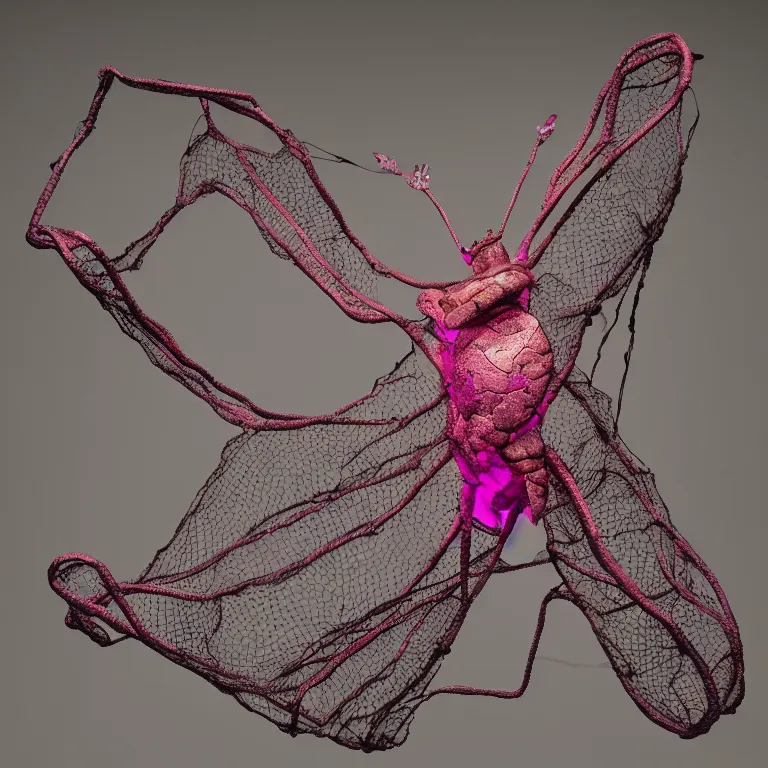 Prompt: hyperrealistic sculpture of a bronze fossilized cecropia moth spider in a large mesh cage made of magenta nylon wire and latex on a pedestal by ron mueck and duane hanson and lee bontecou, hyperrealistic dramatic colored lighting trending on artstation 8 k