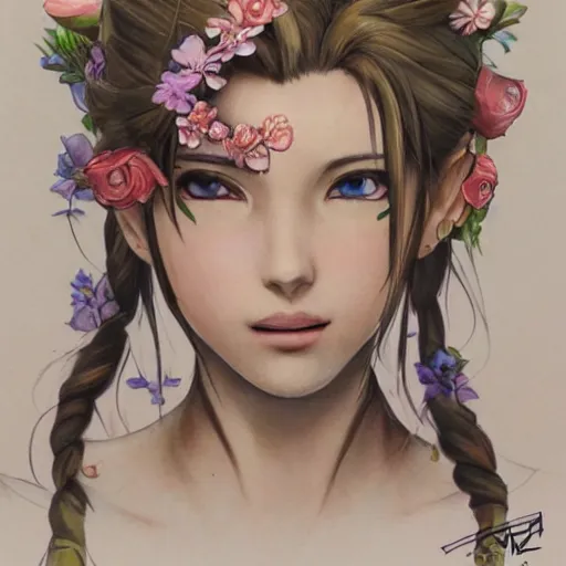 Image similar to concept art of aerith gainsborough with tattoos, amongst flowers, high quality, detailed, trending on artstartion