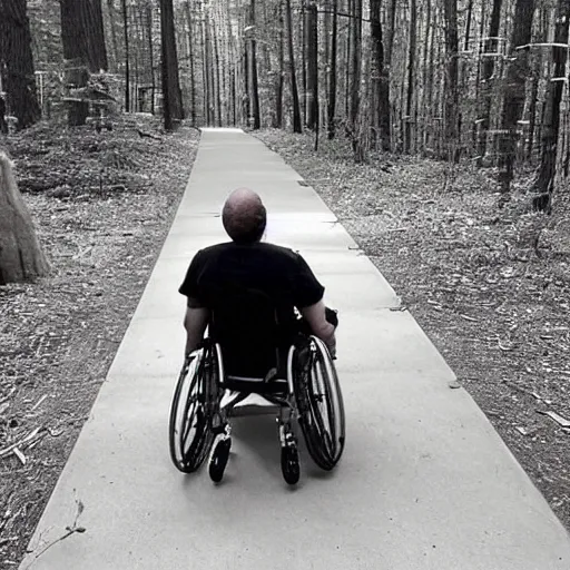 Prompt: “A Disabled man in a wheelchair caught on Trail cam, midnight”