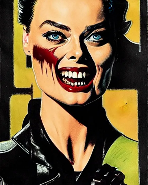 Image similar to Rafael Albuquerque art, Norman Rockwell art, pretty Margot Robbie as a vampire sharp teeth evil smile with 5 long sharp fingers, symmetrical face symmetrical eyes, leather jacket, jeans
