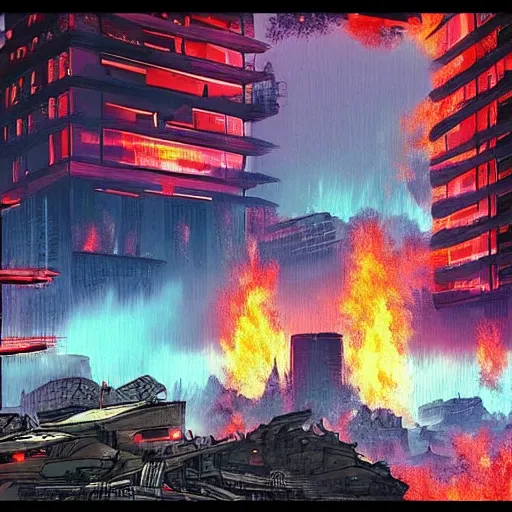 Prompt: a beautiful river across a destroyed distopian cyberverse city burning to ashes in pruple colors