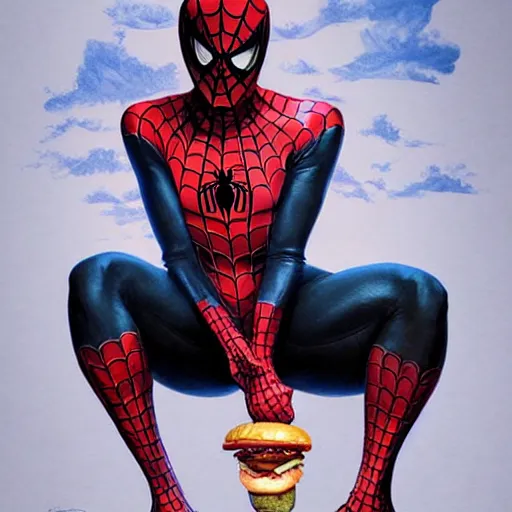 Image similar to emma watson in a spiderman suit sitting on the iron throne, eating a hamburger, photorealistic, highly detailed, artstation, smooth, anatomically correct, art by michael whelan, artgerm, greg rutkowski and alphonse mucha