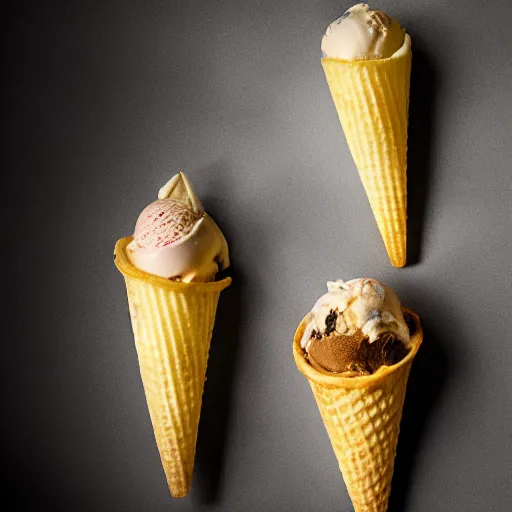 Image similar to ice cream cones and french fries, food photography, studio lighting