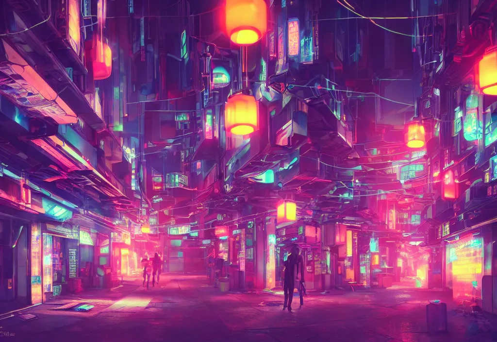 Image similar to a futuristic cyberpunk japanese izayaka alley with neon lights and lanterns, soft glow, intricate, cybernetic, trending on artstation, octane render, colorful, by rossdraws and makoto shinkai