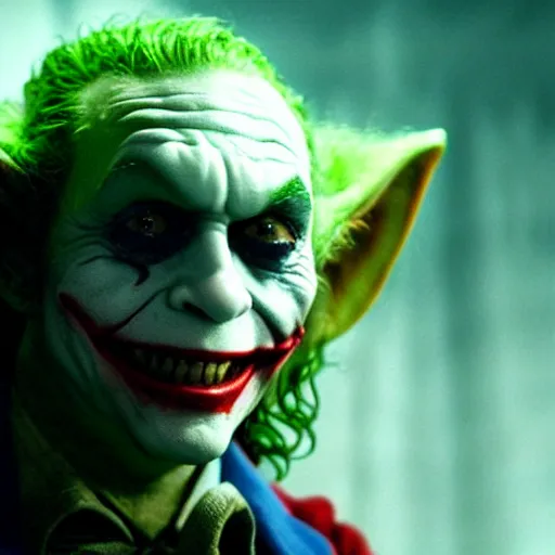 Image similar to stunning awe inspiring the joker played by yoda, movie still 8 k hdr atmospheric lighting