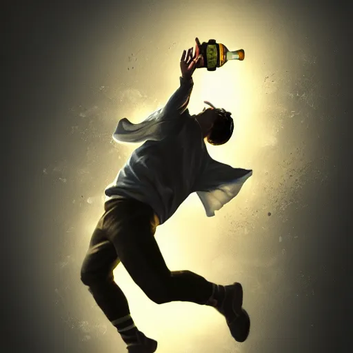 Prompt: artistic rendition of a man jumping in the while holding a bottle, dramatic lighting, trending on Artstation by Ross Tran