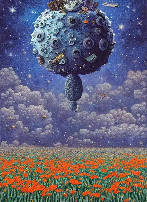 Image similar to detailed, intricate blue black and purple papaverum flower on the field, nebula, galaxy in the sky, winning award masterpiece, fantastically beautiful, illustration, aestheticly inspired, jacek yerka, upscale with anguissola sofonisba work, artstation, 8 k