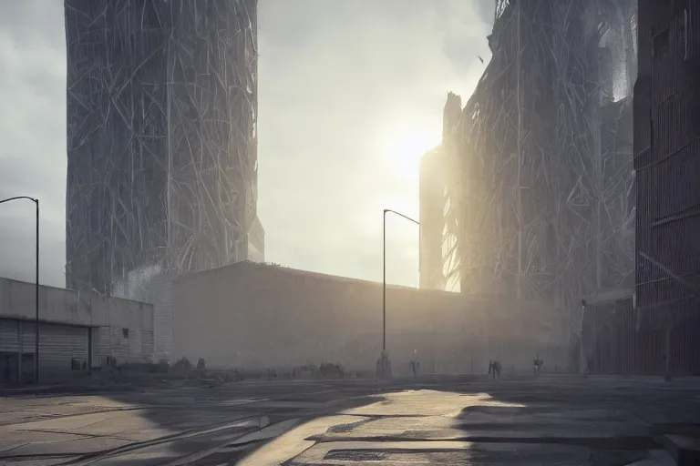 Image similar to streetscape, a towering cathedral of brutalist architecture, buildings covered with greebles, stunning volumetric light, sunset, metal, concrete and translucent material, stunning skies, majestic landscape, trending on Artstation, 8k, photorealistic, hyper detailed, unreal engine 5, IMAX quality, cinematic, epic lighting, in the style of Greg Rutkowski