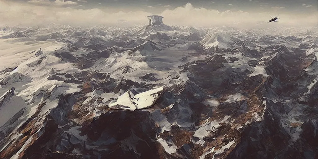 Image similar to “plane flying over an Antarctic mountain range, looking down onto a giant ancient cyclopean geometric stone city, by Greg Rutkowski”