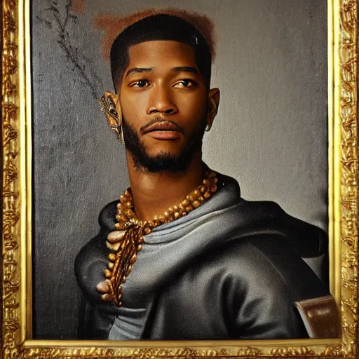 Image similar to a renaissance style portrait painting of kid cudi