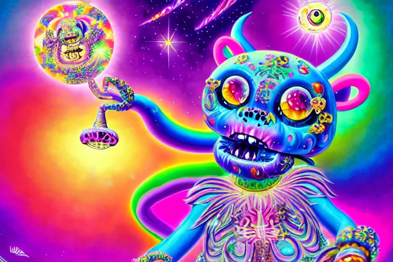 Image similar to lisa frank illustration of rebulon the cute ancient demon, by lisa frank, masterpiece concept art, 8 k, intricate detail, cinematic lighting, epic pose, bright colors