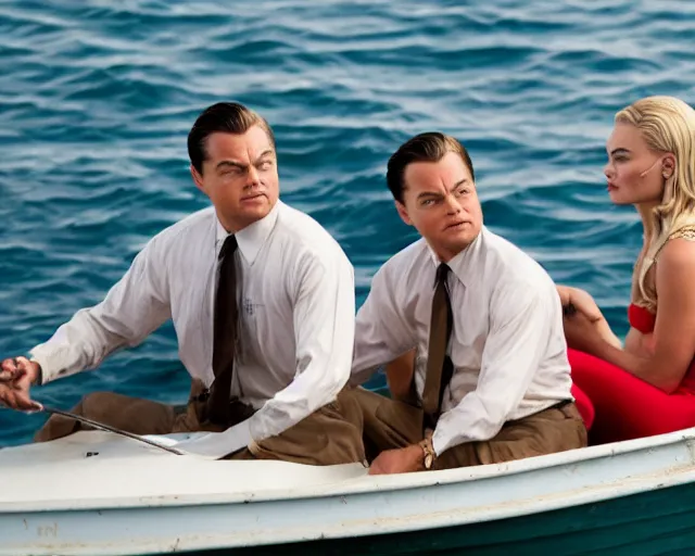 Image similar to leonardo dicaprio as the wolf of wall street next to margot robbie as naomi from the wolf of wall street sitting in a fishing boat, hyper realistic faces, beautiful eyes, cinematic, long shot, hyper detailed, 8 5 mm photograph, 8 k resolution, film still, sharp lens, wide lens