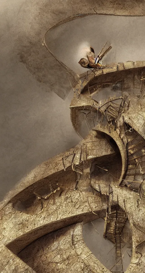 Image similar to close - up selfie shot of dwarf fat - tailed jerboa with rusty broken building constructions of a giant spiral upside - down staircase for multiple cases, leading to the sky, the ruins, in the steppe, summer field, misty background, from the game pathologic 2, highly detailed, sharp focus, matte painting, by isaac levitan and asher brown durand,