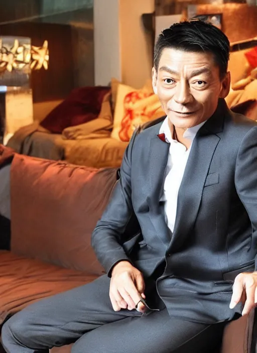 Prompt: hong kong star andy lau sits on the sofa and smokes