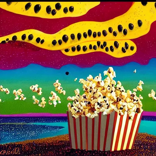 Image similar to a surrealist painting of a world made out of food with popcorn rain and chocolate ponds, in the style of pixar, animation