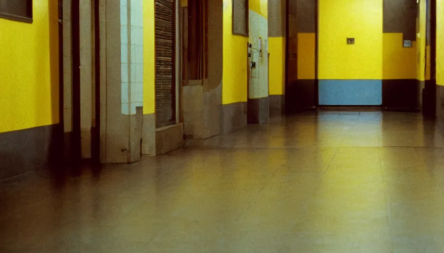 Image similar to 60s movie still of a sovietic stalinist style empty hallway with yellow tiles, cinestill 800t 50mm eastmancolor, liminal Space style, heavy grain