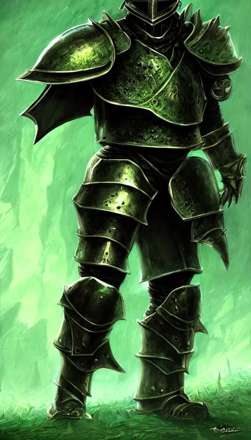 Prompt: videogame card painting of an elegant dark - green steel - plate armor artstation, rpg, digital art, vibrant background, dark souls, runescape, skyrim, final - fantasy, diablo - 3