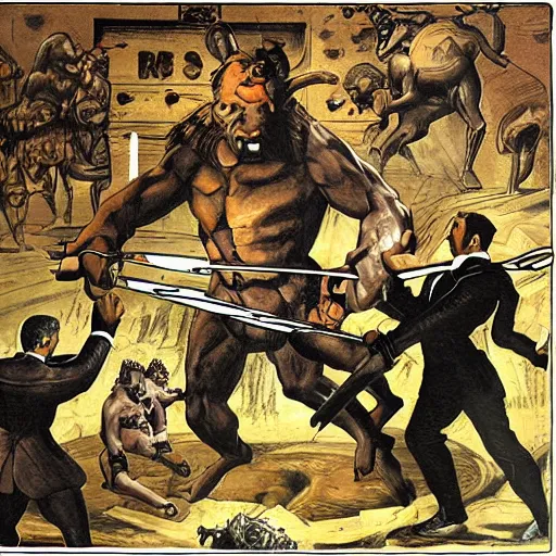 Image similar to men in black fighting a giant minotaur