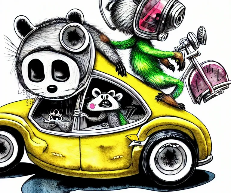 Image similar to cute and funny, racoon wearing a helmet riding in a tiny rob zombie dragula with oversized engine, ratfink style by ed roth, centered award winning watercolor pen illustration, isometric illustration by chihiro iwasaki, edited by range murata