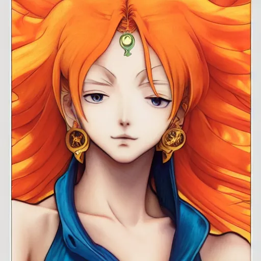 Image similar to intricately detailed vfx portrait of nami from one piece by eiichiro oda, makoto shinkai, alphonse mucha, art by artgerm and greg rutkowski, best of behance, concept art, matte, sharp focus, orange hair, elegant, adolphe bouguereau, annie leibovitz, stanley kubrick, 4 k hdr,