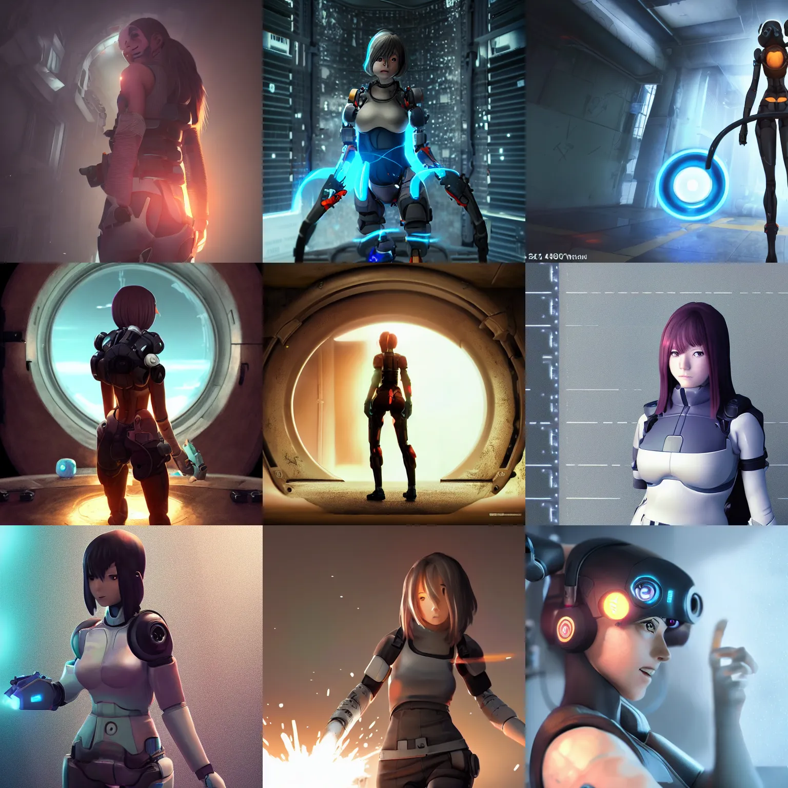 Prompt: portal game : : : valve, anime!!! cyborg photo - realistic 4 7 9 9 woman!!!! 6 6 7 7 running, ( shy smiling face ), rembrandt, octane render, artstation