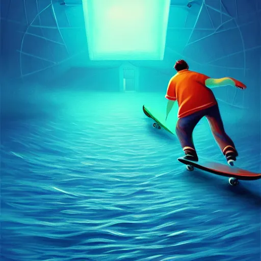 Image similar to skate in ocean. pop punk art, no duplicate image, glowing lights, ultra details, digital painting, artstation, concept art, smooth, sharp focus, illustration, intecrate details, art by richard hamilton and mimmo rottela, pixels art by kirokaze and paul robertson - h 7 6 8