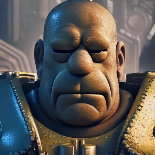 Image similar to Portrait of Homer Simpson as the emperor of humanity from warhammer 40k in Gears of War, splash art, movie still, cinematic lighting, dramatic, octane render, long lens, shallow depth of field, bokeh, anamorphic lens flare, 8k, hyper detailed, 35mm film grain