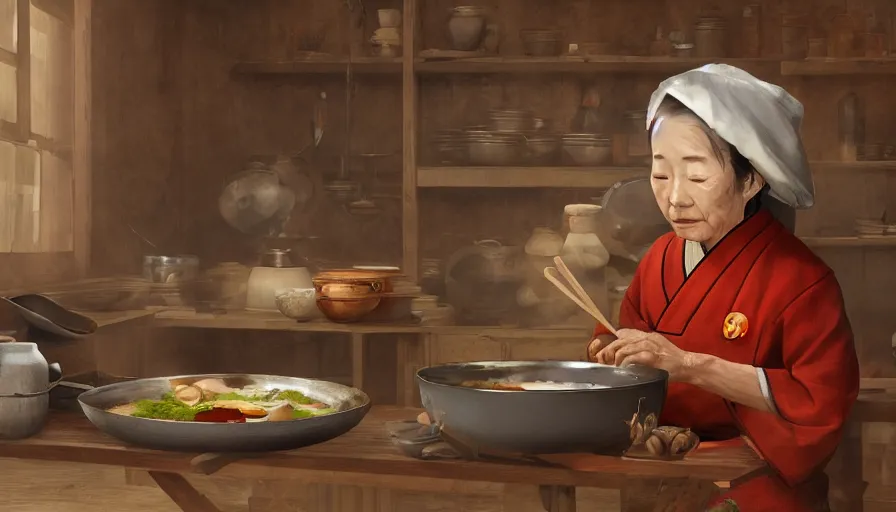 Image similar to old japanese lady cooking, old 1 8 0 0's kitchen, pan and plates, hyperdetailed, artstation, cgsociety, 8 k