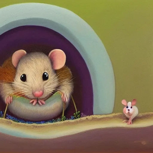 Image similar to a beautiful painting of little fat mouse watch tv, living in a hole