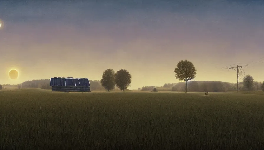 Prompt: open field with solar panels, sun in the sky, early morning, single tree, farmhouse, simon stalenhag