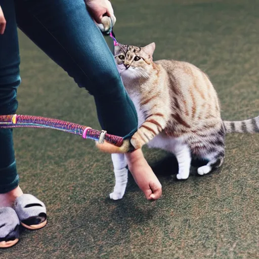 Image similar to a cat standing up on back legs, with a human on a leash as a pet