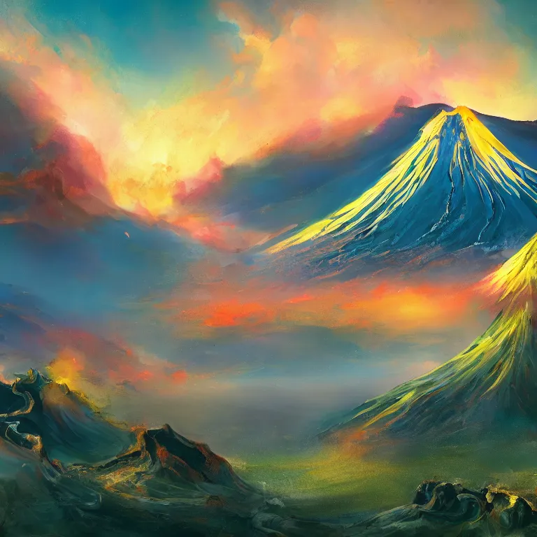 Image similar to a painting of a volcano from which come out flowers and stars exotic plants, all this happens in some kind of fantasy world, almost like in the sky or all in the amazing outdoors view, long exposure, 8 k resolution, trending on artstation