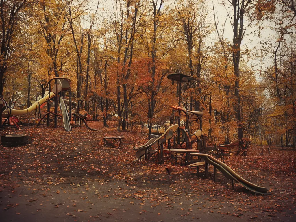 Image similar to a lomographic photo of abandoned playground of moscow, autumn, cinestill, bokeh