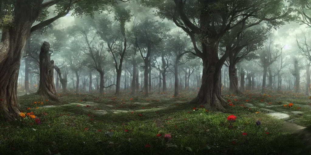 Image similar to A memorial grove of trees of various sizes dedicated to missing people, metal plaques, solemn, somber tone, flowers, game art matte painting hyperdetailed, artstation, cgsociety, 8k, surreal dream landscape